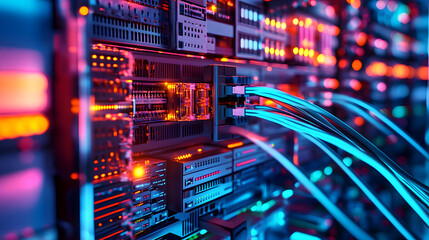 Wall Mural - Server rack with fiber optic cables attached to panel switch ports. Electric cables and wires representing fiber optic internet equipment for a data center