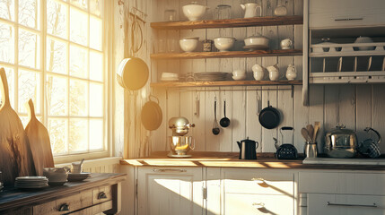 Sunlight shining through rustic kitchen interior with wooden shelves