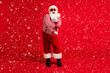 © deagreez - Full length body size view of his he handsome bearded fat overweight cheerful ecstatic childish Santa listening hit dancing having fun leisure isolated bright vivid shine vibrant red color background