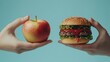 © Julia - Hyper-realistic image of two hands holding an apple and a burger against a blue background