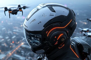 Poster - Soldiers in high-tech exoskeleton suits, patrolling a futuristic city with flying drones monitoring the skies, and holographic interfaces displayed on their helmets