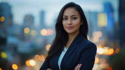 A woman in a business suit is standing in front of a city skyline