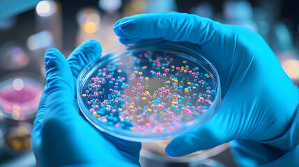 A scientist wearing blue gloves holding a petri dish with bacteria or virus samples