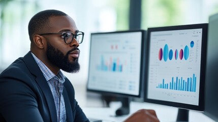 a focused business professional reviews colorful data visualizations on two computer screens in a co