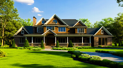 Wall Mural - A 3D view of an American-style house, showcasing a classic architectural design with a large front porch, gabled roof, and symmetrical windows.