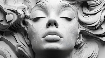 Abstract 3D portrait of a woman's face with closed eyes, sculpted from flowing, layered lines