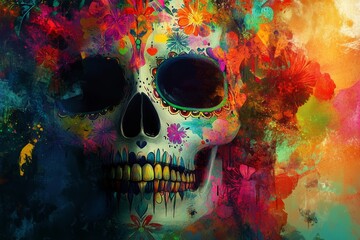 Canvas Print - Abstract color splash with vibrant Day of the Dead elements.