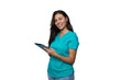 © PeopleVideos - Portrait of a young nurse in scrubs holding a tablet