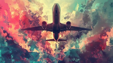 Abstract illustration of an aircraft amidst a cascade of colors.