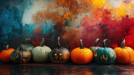 Wall Mural - colorful pumpkins and creative halloween concept backdrop