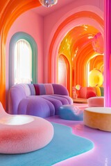 Sticker - A colorful room with a pink wall and a pink couch. The couch is purple and has pillows on it