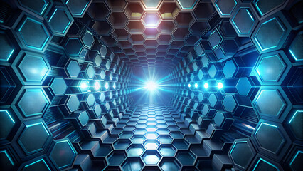 Wall Mural - hexagonal background with depth effect and bright light accents, creating a high-tech tunnel illusio