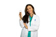 © PeopleVideos - Confident young doctor in a white coat holding a stethoscope