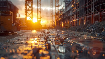 A serene moment of a construction site bathed in the warm glow of a setting sun