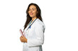 © PeopleVideos - Portrait of a young female doctor in a lab coat with a stethoscope