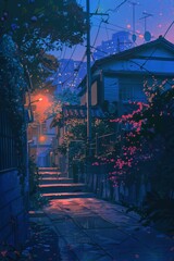 Poster - A street scene with a house in the background. The street is lit up with lights and the sky is blue