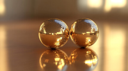 Two Golden Disco Balls Reflecting on a Shiny Surface