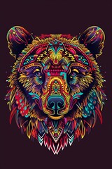 Poster - Bear head silhouette featuring colorful tribal ornaments.