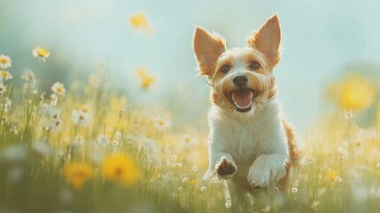 A small dog with brown and white fur runs through a field of yellow and white flowers. The dog has its mouth open and its tongue sticking out. The sun is shining brightly and the sky is blue.