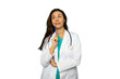 © PeopleVideos - Portrait of a young female doctor in a lab coat with a stethoscope