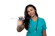© PeopleVideos - Confident young nurse in scrubs displaying a thermometer