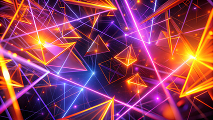 Wall Mural - background with flowing lines and triangles in neon orange and violet, creating an illusion of movem