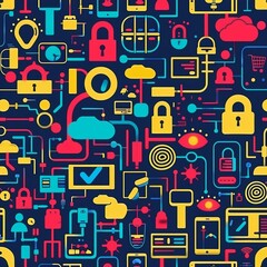 Poster - Vibrant abstract pattern featuring technology icons such as security locks, cloud computing, and digital devices on a dark background.