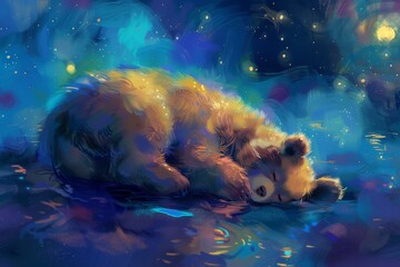 Canvas Print - A bear is sleeping in a body of water. The water is blue and the sky is dark