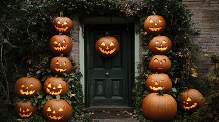 Wall Mural - halloween decoration with pumpkin heads at the entrance
