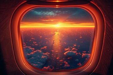 Stunning airplane window view  sunset over ocean against a night sky from inside the plane