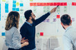 © BullRun - Back view of multicultural group of successful male and female partners discussing ideas for company startup project while one man pointing on information on sticks, concept of collaboration