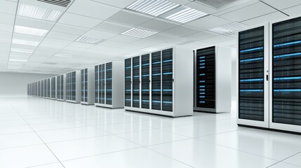 Poster - Rows of advanced server cabinets with glowing blue lights fill the data center, illuminated by overhead lighting casting soft shadows, showcasing technological precision