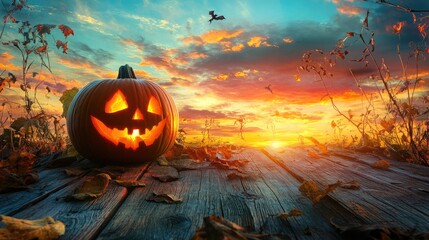 Poster - Halloween decoration with carved pumpkin on rustic wooden table against a sunset sky