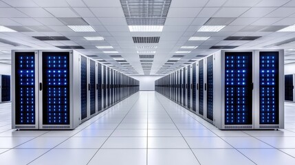 Poster - Rows of advanced server cabinets with glowing blue lights fill the data center, illuminated by overhead lighting casting soft shadows, showcasing technological precision