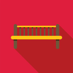 Poster - yellow bench with wooden backrest casting long shadow on red background, in flat design style