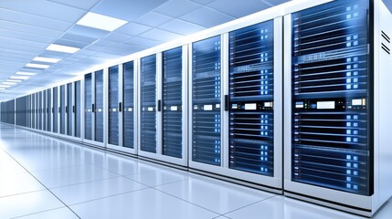 Poster - Rows of advanced server cabinets with glowing blue lights fill the data center, illuminated by overhead lighting casting soft shadows, showcasing technological precision