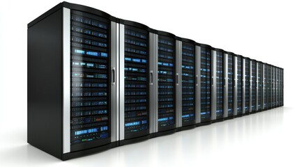 Poster - Rows of advanced server cabinets with glowing blue lights fill the data center, illuminated by overhead lighting casting soft shadows, showcasing technological precision