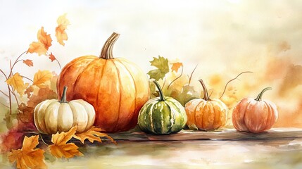 Canvas Print - A painting of pumpkins and leaves on a wooden surface