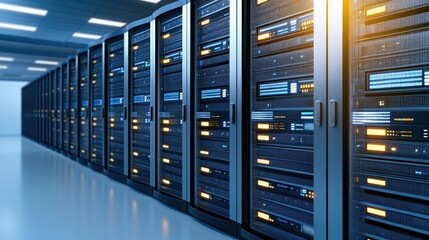 Poster - Rows of advanced server cabinets with glowing blue lights fill the data center, illuminated by overhead lighting casting soft shadows, showcasing technological precision