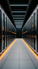Poster - Rows of advanced server cabinets with glowing blue lights fill the data center, illuminated by overhead lighting casting soft shadows, showcasing technological precision