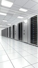 Poster - Rows of advanced server cabinets with glowing blue lights fill the data center, illuminated by overhead lighting casting soft shadows, showcasing technological precision