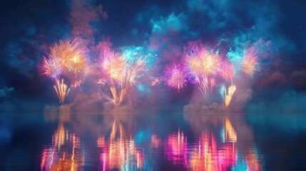 Multiple colorful fireworks exploding in unison over a calm lake, perfectly mirrored in the water below