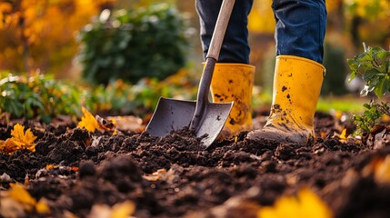 A worker digs soil with a shovel in a vibrant autumn garden, embodying the essence of agriculture during that season. The man's distinctive yellow boot adorns the spade as he prepares to dig