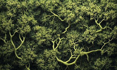 A close up of green trees with many branches