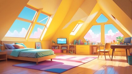 yellow themed aesthetic minimalist attic interior concept illustration background