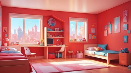 red themed aesthetic minimalist children's room interior concept illustration background