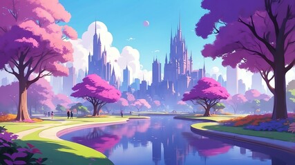 Wall Mural - purple themed aesthetic minimalist city park concept illustration background
