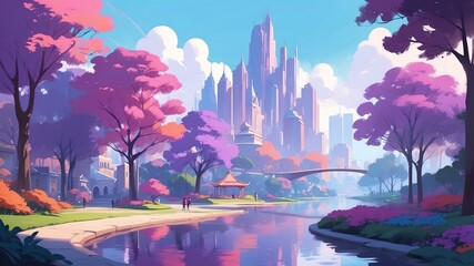 Wall Mural - purple themed aesthetic minimalist city park concept illustration background