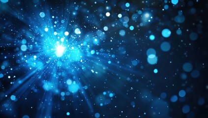 Abstract blue background with glowing particles and stars Futuristic light effect, flare, and bokeh on a dark space The focus is the center of an explosion or laser beam, with rays Generative AI