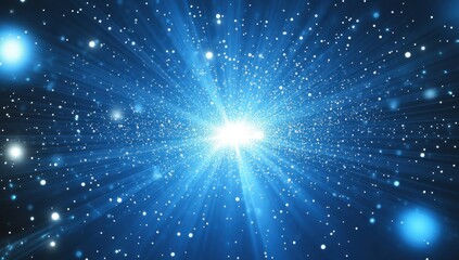 Wall Mural - blue glowing light particles in the background with white stars and rays on a dark blue space, a fut
